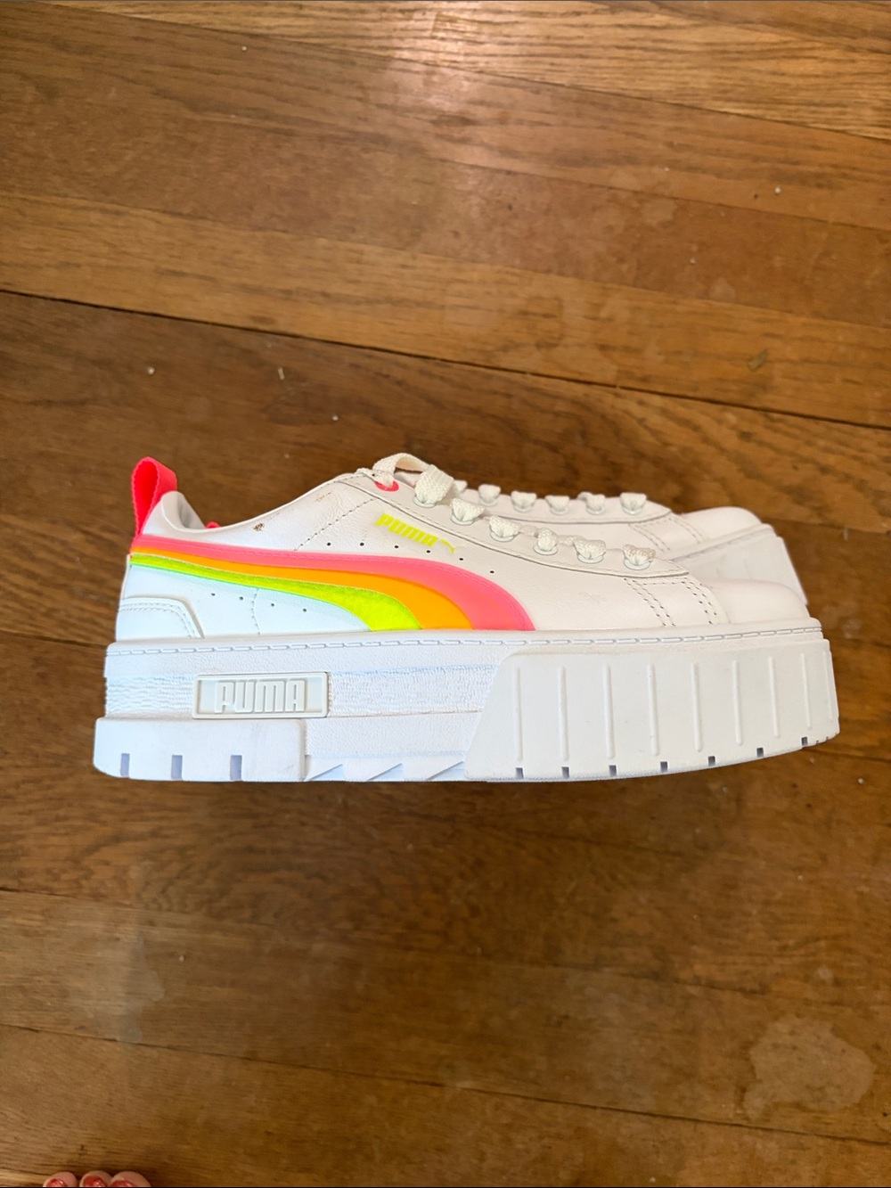 Puma White Platform Sneakers with Neon Pink & Yellow Stripe